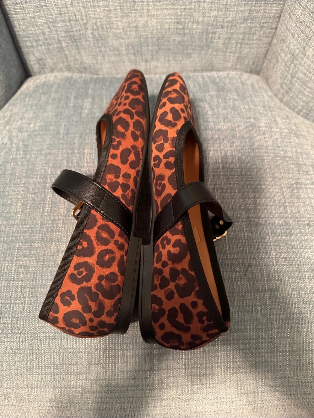 Italiana Leopard-Print Mary Jane Flats with Black Strap